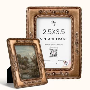 Imagem de 97 Decor Porta-retratos vintage pequenos 6 x 8 cm - Porta-retrato mini ornamentado tamanho carteira, moldura bronze 6 x 8 cm para exibição de mesa e pendurar na parede, moldura pequena para decoração