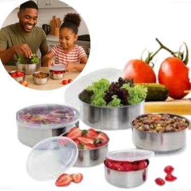Imagem de Conjunto de Tigelas de Inox com Tampa 5 Peças – Potes Multiuso para Cozinha, Armazenamento Preparo Alimentos Kit Tigelas Inox com Tampa – 5 Potes Empilháveis para Misturar Servir – Luiggi Presentes®