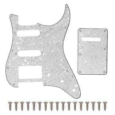 Imagem de SAPHUE HSS Conjunto de 11 furos para guitarra elétrica e placa traseira para Fender EUA/México, peças de guitarra estilo moderno Stratocaster (3 camadas branco pérola)