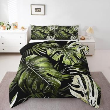 Imagem de jejeloiu Jogo de cama casal com estampa de folhas tropicais para meninos e meninas, verão, galhos de árvores, tema natural, edredom para decoração de quarto