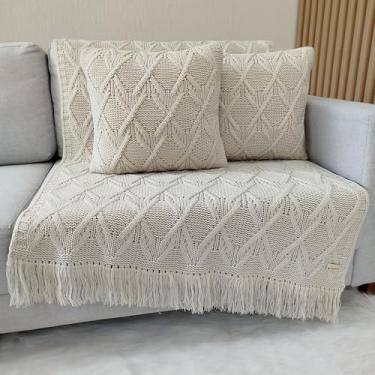 Imagem de Kit Manta Tricot Luxo 150x90cm + 2 Almofadas com Enchimento | Zíper Invisível | Fibra Siliconada | Sofá Sala | Xale Decorativo Elegante L05 (Bege Papiro)