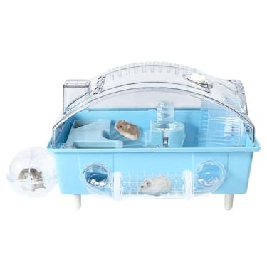 Imagem de Tfwadmx Gaiola de hamster anão, gaiola de acrílico para ratos, gaiolas de animais pequenos para hamster com tubo, roda de exercício, habitat de mouse para ratos gerbils, 45 x 28 x 30 cm, azul
