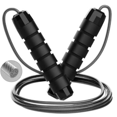 Imagem de Corda de Pular com Cabo de Aço Ajustável e Rolamentos de Esferas, Alças de Espuma, Preta, Ideal para Homens, Mulheres e Crianças, Perfeita para Exercícios em Casa