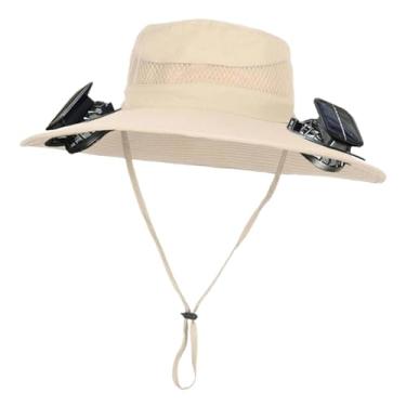 Imagem de Generic Chapéu de sol de aba larga, chapéu com ventilador solar, proteção solar respirável com 2 ventiladores solares, boné de pescador para atividades ao ar, Cáqui