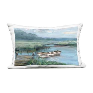 Imagem de Stupell Industries Almofada estampada ao ar livre Docked Rowboat at Lake's Edge, 35 x 18 x 50, azul