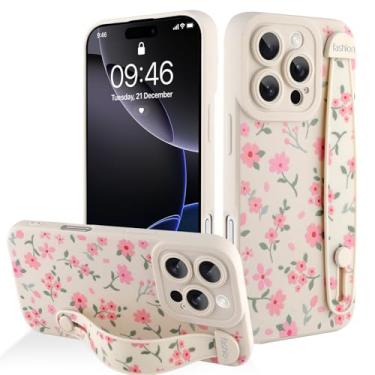 Imagem de AIGOMARA Capa para iPhone 16 Pro com alça para mulheres e meninas, linda estampa floral rosa, capa protetora de silicone com suporte de faixa macia, branca