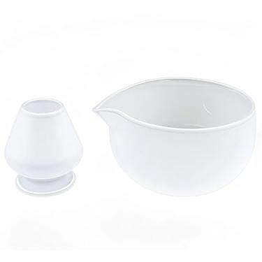 Imagem de LamChyar Tigela Matcha com bico, suporte para batedor Matcha, tigela de vidro Matcha e suporte de batedor, conjunto requintado Matcha para cerimônia do chá (amassado)