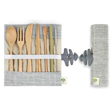 Imagem de Conjunto de utensílios de viagem de madeira reutilizável de talheres de bambu utensílios talheres de mesa faca/garfo/colher/palhetas/colher de balanço/colher de bambu/limpador de canudos com bolsa de presente para acampamento ao ar livre piquenique almoço escritório