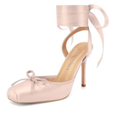 Imagem de Sapatos femininos de cetim salto bailarina laço fechado bico quadrado tiras stiletto alto slingback cadarço tira no tornozelo envolver espiral Mary Janes sapatos sociais, Rosa bebê, 36