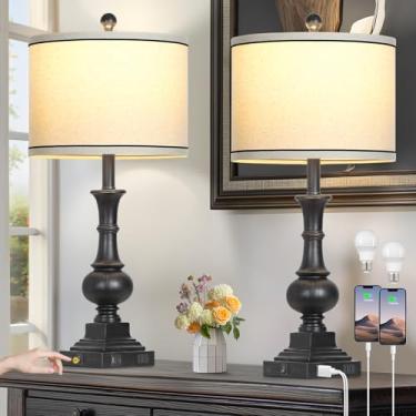 Imagem de Conjunto de 2 lâmpadas de fazenda, candeeiros de mesa rústicos antigos vintage com portas USB A+C e tomada AC, luminária de cabeceira clássica retrô para sala de estar, quarto, escritório, preto