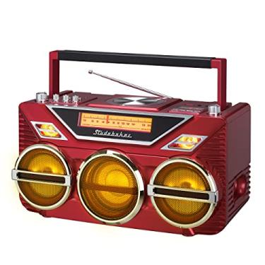 Imagem de Retro Studebaker Avanti Boombox estéreo com CD, rádio estéreo FM, recepção e transmissão Bluetooth, espetáculo de luz LED e subwoofer de 15 W para graves de alta potência (vermelho)