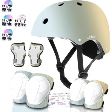 Imagem de Jifair Capacete de bicicleta ajustável gradiente de cor com joelheira, protetores de cotoveleira, capacete e almofadas de skate para crianças de 3 a 5 a 8 a 14 + patinete em linha patinação em linha