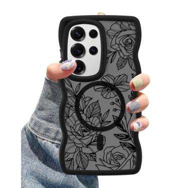 Imagem de Aitipy Capa para celular compatível com MagSafe para Samsung Galaxy S24 Ultra, linda linha preta ondulada com estampa floral, design magnético, silicone macio e capa protetora de TPU para mulheres e