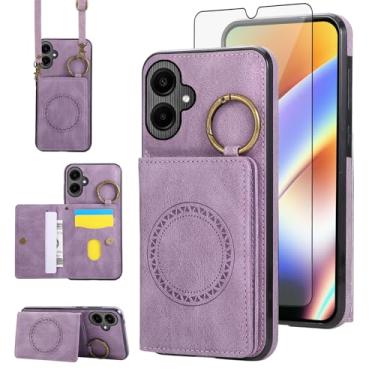 Imagem de Capa carteira compatível com Samsung Galaxy A06 5G e protetor de tela, alça de ombro transversal, fivela anel, suporte para cartão, suporte magnético para carro, capa para celular para Ao6 A 06 4G LTE