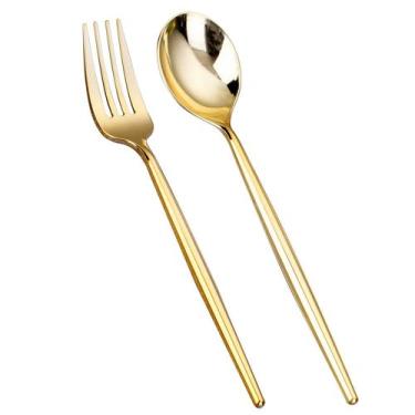 Imagem de Conjunto descartável de garfos e colheres de plástico dourado, 100 uni
