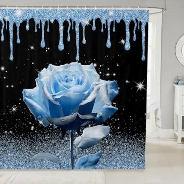 Imagem de Manfei Cortinas de chuveiro 3D rosa azul brilhante brilhante à prova d'água com 12 ganchos para banheira, cortinas de banheiro de flores azuis para decoração de quarto de crianças, meninas e adultos