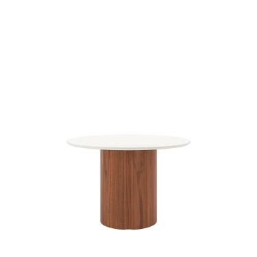 Imagem de Mesa de Jantar Redonda c/ Vidro para 4 Lugares Kalina 115 cm - Off White Fosco c/ Canella