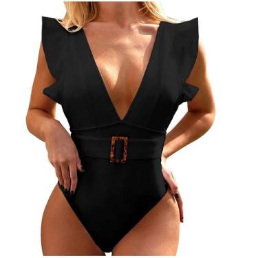 Imagem de Conjunto de roupa de praia feminina de cor sólida sexy com babados sem
