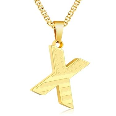 Imagem de Zocomi Colar com pingente de inicial da bandeira americana para homens e meninos, corrente de aço inoxidável 316L A-Z caixa de letras 50 + 5 cm joias presentes, Aço inoxidável, Sem Pedra Preciosa