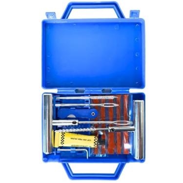 Imagem de Kit Reparo de Pneus 12 Peças c/Maleta – Maleta Azul Portátil, Macarrão, Escariador, Aplicador, Estilete e Cola – Carro, Moto, Bike – Remendo Sem Câmara