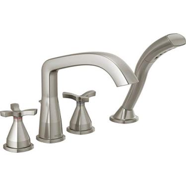 Imagem de DELTA FAUCET T47766-SS Acabamento de banheira romana de quatro furos com desviador, inoxidável