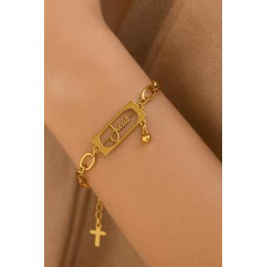 Imagem de Pulseira Cristã Com Nome Jesus Dourado E Pingente De Cruz - LA SHOPP, 