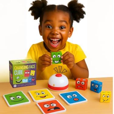 Imagem de Brinquedo Educativo 3 EM 1 Cubo das Emoções com sininho - Monta cara e Pares Malucos Jogo Pedagógico Criativo e Divertido para Crianças, Meninos e Meninas, Didático Lúdico 3+ Anos Jogos de Tabuleiro