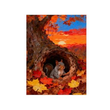 Imagem de Quadro parede outono-Árvore folhas caídas esquilo Impressões em tela paisagens-Pintura animais para sala estar decoração fazenda 60x80cm Sem Moldura