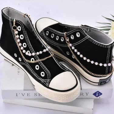 Imagem de Pacote com 2 correntes de sapato de pérola dourada, clipes removíveis de camada dupla com fechos de lagosta, enfeite de sapato fofo, decoração para mulheres, tênis, casamento, salto alto, festival de