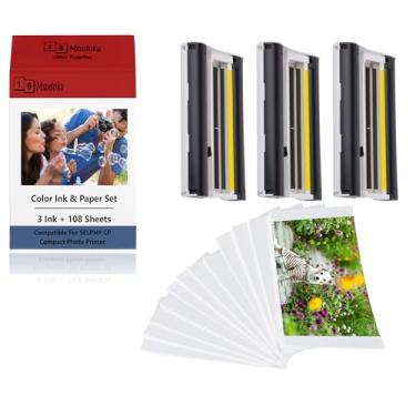 Imagem de Compatível com o conjunto de tinta e papel Canon Selphy Series KP-108IN, cartuchos de tinta de 3 cores com 108 folhas de papel fotográfico brilhante 10 x 15 cm, funciona com impressoras fotográficas