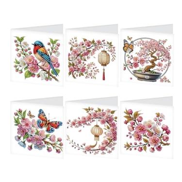 Imagem de SHEGZHUC Pacote com 6 cartões de presente com pintura de diamante, árvore de cerejeira, kits de arte de diamante para adultos, borboleta, aniversário, casamento, aniversário, saudação, felicitações