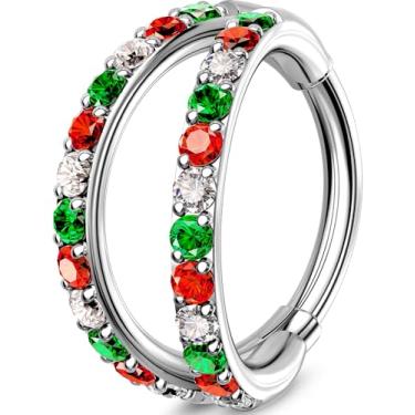 Imagem de OUFER Anel de nariz de argola dupla de Natal, 18G/20 6/7/8 mm, vermelho, verde, Natal, piercing de nariz, argolas de aço cirúrgico, anéis de nariz festivos para mulheres, perfeitos para piercing de