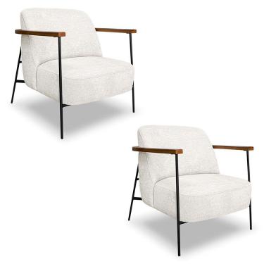 Imagem de Kit 2 Poltronas Decorativa Celeste Linho Bouclê Bege Pérola Base De Ferro Preto - Pallazio