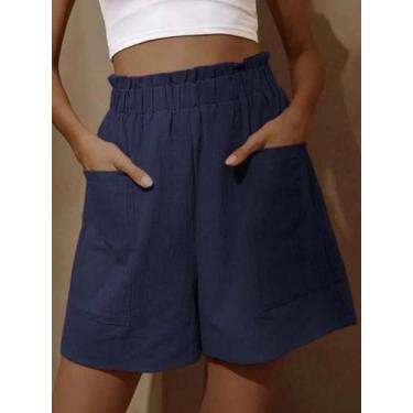 Imagem de Shorts Femininos Casual de Cintura Alta Plus Size com 2 Bolsos, BR-P, 