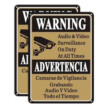 Imagem de Pacote com 2 avisos - sinal bilíngue de vigilância de áudio e vídeo em serviço em todos os momentos, sinal bilíngue de vigilância em inglês espanhol por câmeras de vídeo, sinal de segurança de 25,4 cm