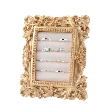 Imagem de HACRAHO Suporte de anel vintage, suporte de exibição de anel de ouro, anéis de veludo dourado, suporte de resina, aniversário, noivado, barroco, organizador de joias de casamento, presente de