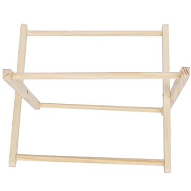 Imagem de Rack de revistas de macramê Cesta de armazenamento de tecido boêmio Suporte de livro feito à mão para sala de estar, escritório, decoração de berçário com rack de madeira e fio de