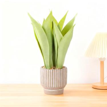 Imagem de DUZYXI Planta de cobra artificial realista de 40,6 cm em vaso de cor concreta, plantas de cobra falsa Sansevieria Greenery para casa, escritório, sala de estar, presentes de inauguração de casa