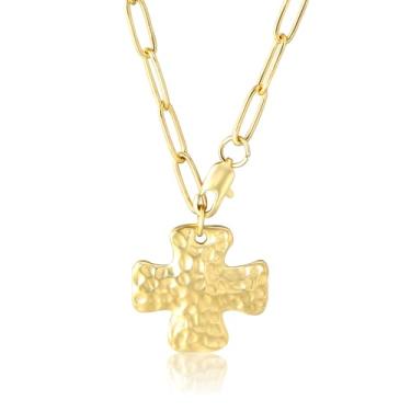 Imagem de LUXU kisskids Colar de cruz para mulheres, colar grosso com pingente de cruz de clipe de papel, colar de aço inoxidável banhado a ouro 18 K, joia para presente feminino