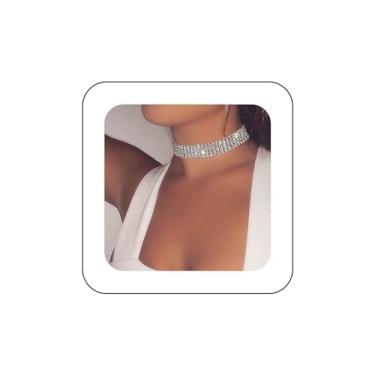 Imagem de Vacaonio Colar gargantilha de cristal em camadas curto com strass brilhante, 5 fileiras, colar de cristal, prata, várias fileiras, corrente de tênis, joia feminina, Zinco, Sem Pedra Preciosa
