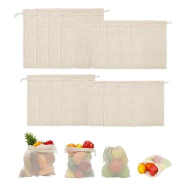 Imagem de Pacote com 16 sacos de produtos reutilizáveis, saco de mercearia de vegetais de malha, lavável, sacos de armazenamento de rede com cordão 100% algodão para geladeira, compras, vegetais e frutas, praia