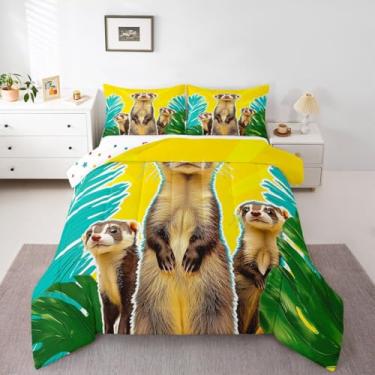 Imagem de Erosebridal Jogo de cama solteiro com desenho animado, furão da selva, com folhas tropicais, plantas tropicais, edredom para quarto de crianças e adultos