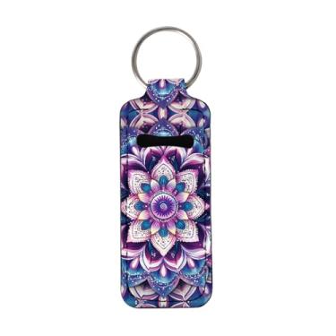 Imagem de gearider Porta-chaves de batom com flor mandala roxa boho para mulheres, suporte de protetor labial, porta-chaves, batom, manga e bolsa