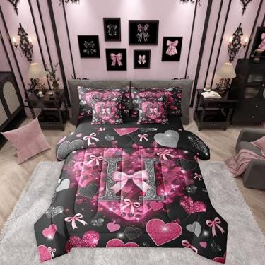 Imagem de Erosebridal Conjunto de cama solteiro com laço e laço e letra P, letra P, preto, rosa, coração, glitter, conjunto de lençol com lençol kawaii e estampa de leopardo