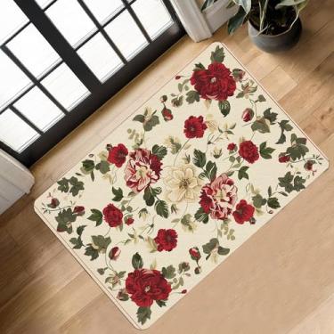 Imagem de Tapete de porta de flores de Natal, tapetes de banheiro absorventes antiderrapantes com suporte de borracha, tapete lavável macio para férias de Natal, para quarto interno, sala de estar, piso festivo