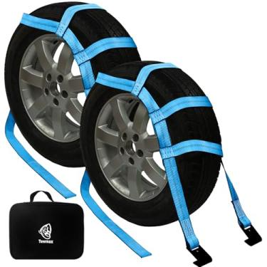 Imagem de Towmax Tiras de cesta de reboque com gancho plano, pacote com 2 alças de boina de reboque para rodas de pneus de 35,5 a 48 cm, sistema de alça de carrinho resistente de 4,5 kg, bolsa de transporte à