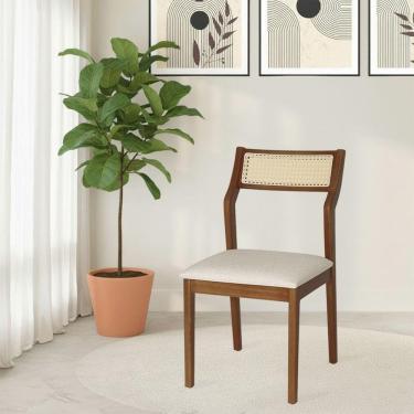 Imagem de Cadeira De Jantar Lagum Conforto Estofada Jequitibá Terra Linho Bege Palha Sextavada