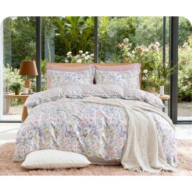 Imagem de SLEEPBELLA Conjunto de edredom Queen Size com estampa botânica de flores amarelas, rosa e azul impresso em tecido 100% algodão, microfibra ultramacia, enchimento interno, 3 peças