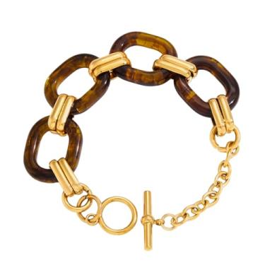 Imagem de Natalys Pulseira feminina de corrente de fivela âmbar de resina banhada a ouro 18 K, design de elos não manchados, joias elegantes e grossas para presente