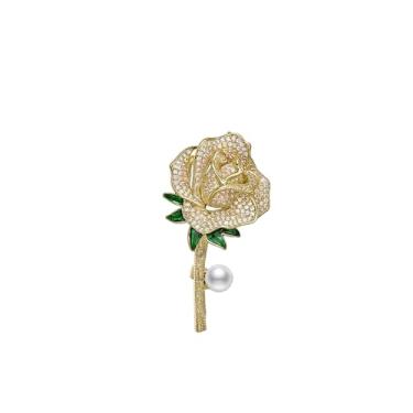 Imagem de Anmpab Broche de flor rosa de strass vintage com broche floral brilhante de pérola para mulheres, joias de festa para blazer, casaco, Large, Metal, Sem Pedra Preciosa